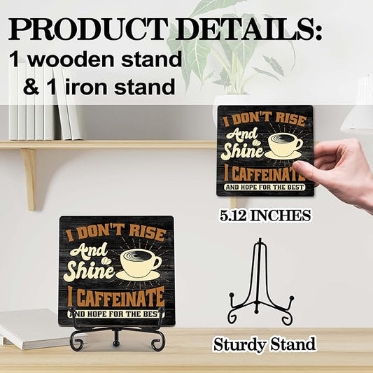 Coffee Bar Decor, Farmhouse Kitchen Table Decor, Coffee Station Accessories, Wooden Decorative Sign with Iron Stand for Table Desk Shelf Display-E14