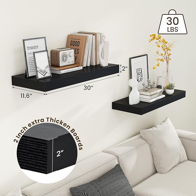30 Inch Floating Shelves | 12 Inch Deep Black Floating Shelves Set of 2 | 30