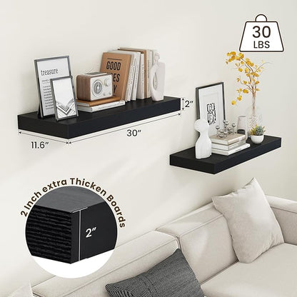 30 Inch Floating Shelves | 12 Inch Deep Black Floating Shelves Set of 2 | 30" W x 12" D Rustic Wood Shelves for Wall | Deep Black Shelves for Living Room Bathroom Laundry Room Kitchen