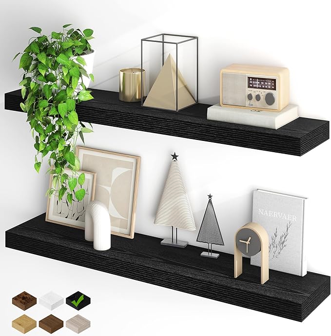 Fun Memories Floating Shelves for Wall, 40Inch Floating Shelves Set of 2, Hanging Shelf with Invisible Brackets, Wood Shelves for Living Room, Bedroom, Kitchen, Black