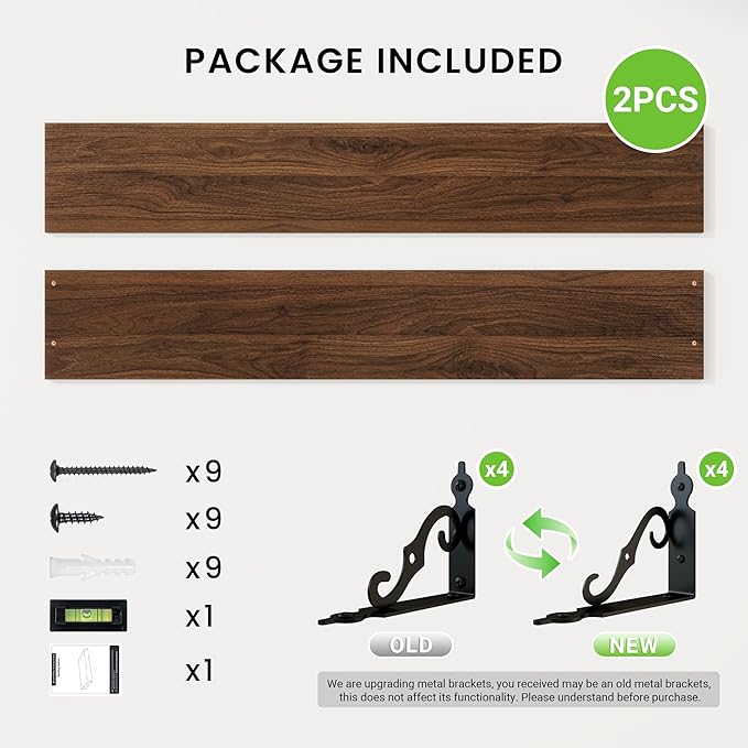 RICHFOCUS Floating Shelves for Wall Decor, 47.3W x 8D Shelves Set of 2, 8 Inch Deep Rustic Wood Shelves Wall Mounted with Brackets, Long Floating Shelves for Living Room Bedroom Kitchen, Walnut