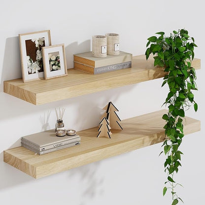 Wood Floating Shelves For Wall, 24”W x 9”D x 1.56”H Deep Wood Wall Shelves for Living Room Bedroom Bathroom Kitchen Drcor Storage with Invisible Heavy-Duty Metal Bracket, Natural Finish, Set of 2