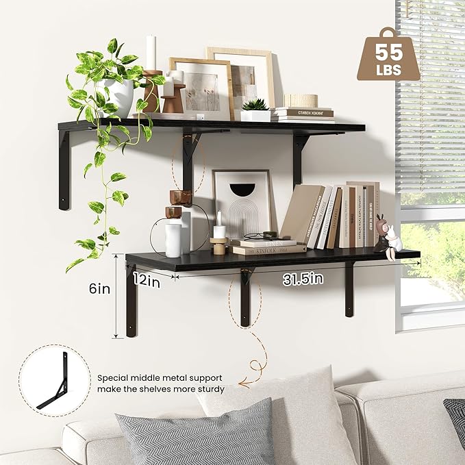 Fun Memories Floating Shelves for Wall, 12 Inch Deep Floating Shelves Set of 2, Wall Mounted Shelf with Metal Brackets, Rustic Wood Wide Shelf for Bathroom, Kitchen and Living Room, Black, 32W x 12D