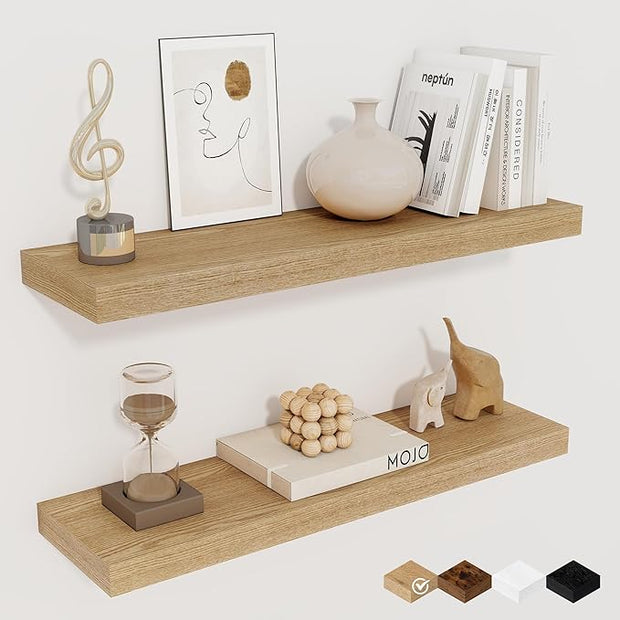 Fun Memories Floating Shelves for Wall, 24" Rustic Wood Deep Wall Mounted Shelves with Invisible Brackets for Decor & Storage, Floating Shelf for Living Room, Bathroom (Oak, Set of 2)