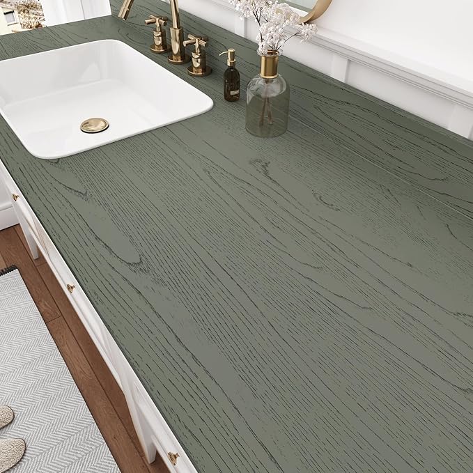 Wallercity Thick Green Wood Grain Contact Paper for Countertops Peel and Stick Green Wallpaper Self Adhesive Removable Vinyl Wrap for Counters Wood Wallpapers for Bathroom Kitchen Cabinets 15.8x236 IN