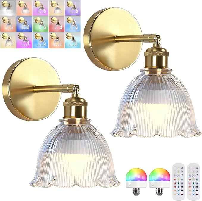 Vintage Battery Operated Wall Sconce with Transparent Ripple Glass Lampshade Rechargeable Battery Powered Wall Light with Remote Control for Bedside Bedroom Bathroom, Set of 2