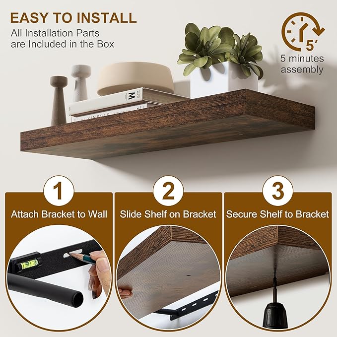 Fun Memories Floating Shelves for Wall, 48Inch Long Floating Shelves Set of 1, Hanging Shelf with Invisible Brackets, Wood Shelves for Living Room, Bedroom, Kitchen, Brown