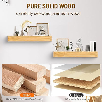 24 Inch Picture Ledge Shelf with Lip,Floating Shelves for Wall, Set of 2 Solid Pine Wood Shelves with Invisible Brackets, Wall Storage for Living Room, Bedroom, Kitchen, Bathroom(Nature Wood)