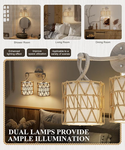 N12-3 Two-Lights Boho Rattan Wall Sconce - Vanity Lights Fixtures for Mirror, Cross-Woven Shade & Hardwired Wall Lamp with Woodgrain Metal Frame, E26 Bulb Base