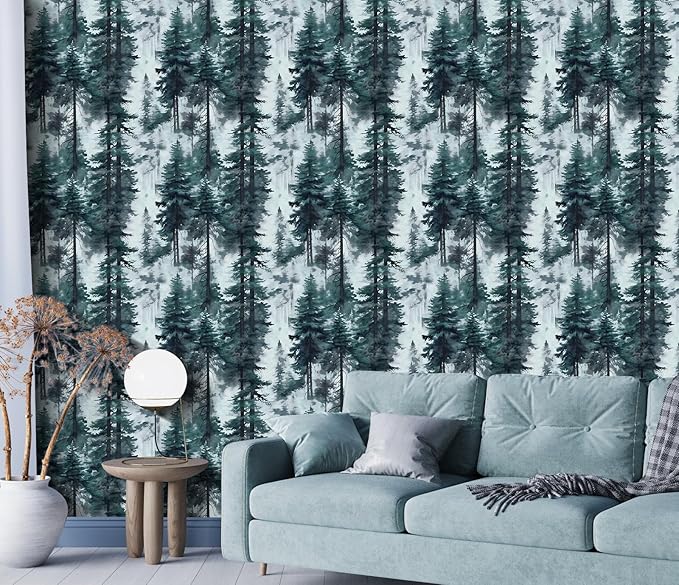 HAOKHOME Forest Peel and Stick Wallpaper Misty Blue Removable Vinyl Mural for Bathroom Bedroom Accent Wall Self Adhesive Contact Paper Tree Wall Decor 17.3in x 118in