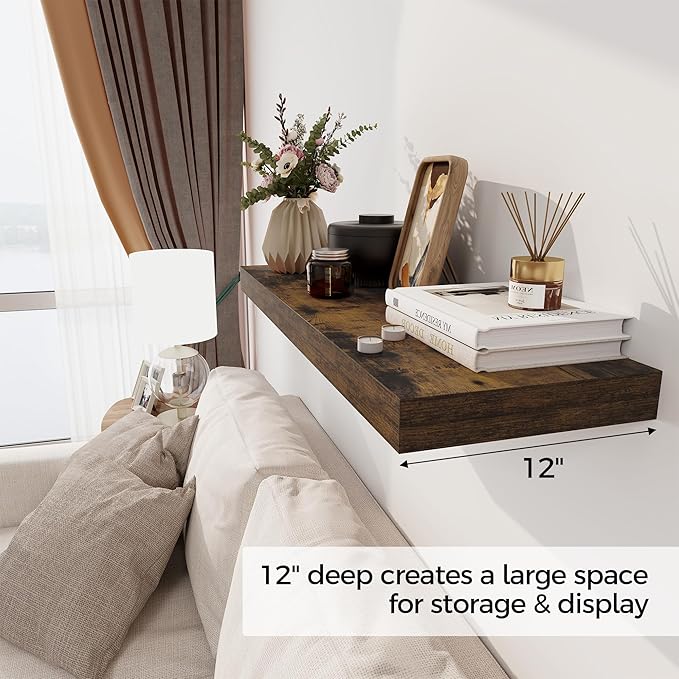 Floating Shelves 36 Inch Long, 12 Inch Deep Floating Shelves for Wall, 36 x 12 Shelves for Wall Storage & Display, 2