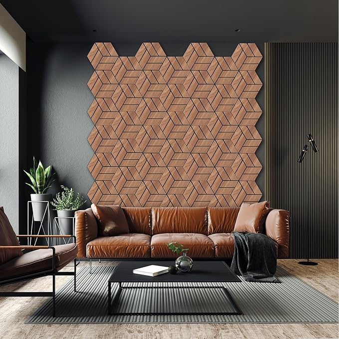 3D Peel and Stick Acoustic Wall Panel – 18-Pack Golden Maple Soundproof Wood Look Wall Panels for Interior Wall Decor, Hexagon Design