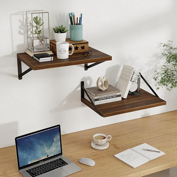 Floating Shelves, 12 Inch Deep Rustic Wood Wall Storage, 16W x 12D Wall Shelves Set of 2, Heavy Duty Metal Brackets, Large Industrial Book Shelf for Living Room, Kitchen, Bedroom, Walnut