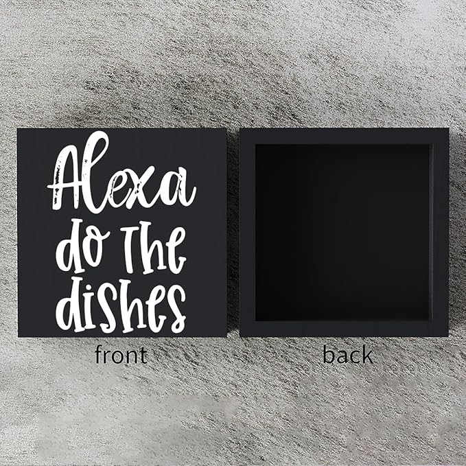 Funny Kitchen Wooden Box Sign Plaque Alexa Do the Dishes Black Wood Box Sign Rustic Art Home Kitchen Shelf Desk Decor 5 x 5 x 1 Inches…
