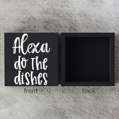 Funny Kitchen Wooden Box Sign Plaque Alexa Do the Dishes Black Wood Box Sign Rustic Art Home Kitchen Shelf Desk Decor 5 x 5 x 1 Inches…