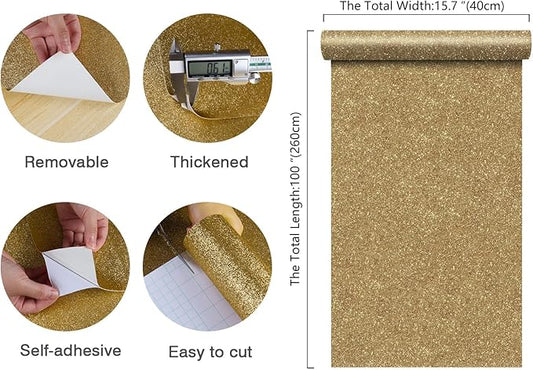 CHIHUT Champagne Gold Glitter Contact Paper Peel and Stick Wallpaper Sparkle Glitter Removable Self Adhesive Wallpaper Textured Fabric Wall Paper Roll for Bedroom Walls Cabinets Dresser 15.7''x100''