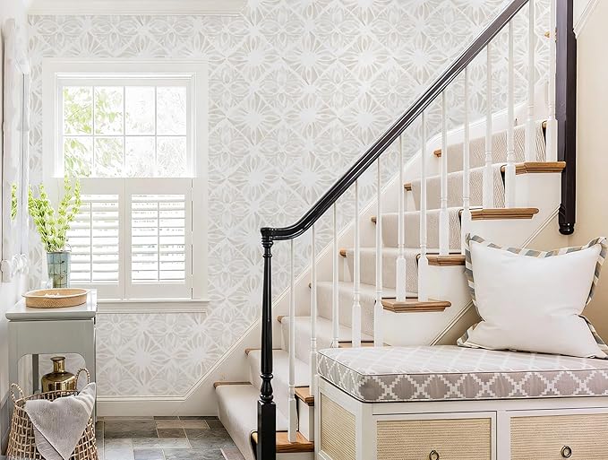 Boho Wallpaper Neutral Peel and Stick Wallpaper 197"x17.3" Geometric Wall Paper Beige and White Contact Paper Textured Removable Vinyl Waterproof for Bedroom Farmhouse Kitchen Bathroom