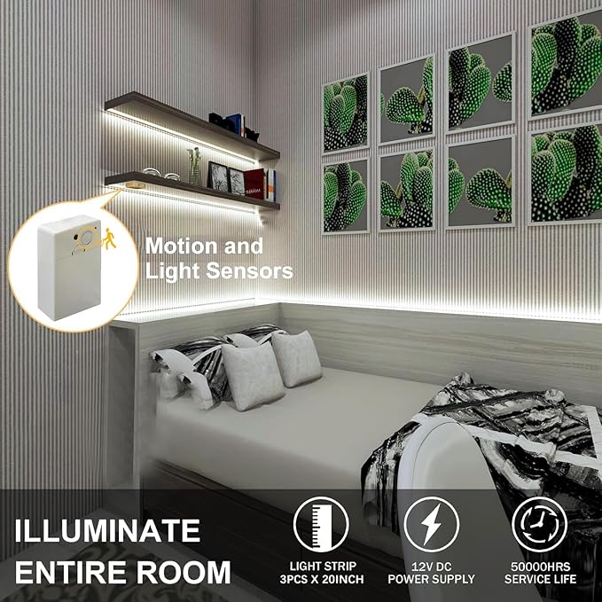 EJ's SUPER CAR COB LED Strip Lights, 4.92FT 3Pack 6000K Cool White Battery Powered LED Strip Lights Timer Dimmable Flexible Cuttable Tape Lights for Cabinet Shelves Bedroom