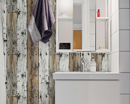 FLFK Shiplap Wallpaper Peel and Stick Removable Wood Wallpaper 16" x 256" Vinyl Waterproof Gray-White and Brown Contact Paper Self Adhesive Wall Paper for Bedroom Bathroom Cabinet Decor