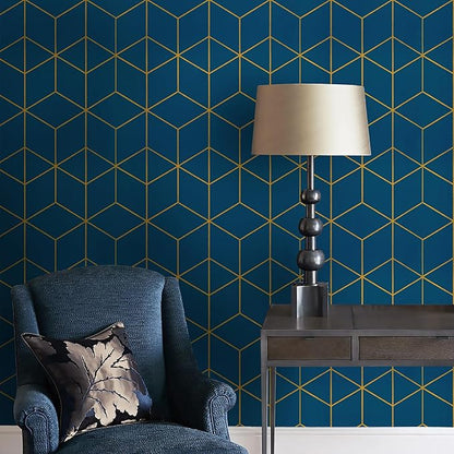 Safiyya Blue and Gold Geometric Wallpaper Peel and Stick Contact Paper Self Adhesive Removable Wallpaper Waterproof Contact Paper for Walls Vinyl Roll 118"x17.3"