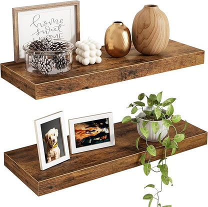 Fixwal Floating Shelves for Wall, 15.7" Wood Wall Mounted Shelves for Living Room, Bedroom, Bathroom and Kitchen, for Storage, Books, Room Decor (Rustic Brown, Set of 2)