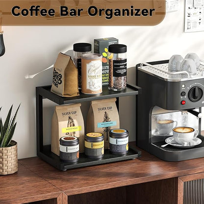 MARTY 2 Tier 12.6"x7.7" Counter Shelf Organizer Kitchen Spice Rack for Countertop, Coffee Station Organizer for Mugs Cups, Wood Shelf Desk Storage Organizer for Bathroom Home Office (Black)