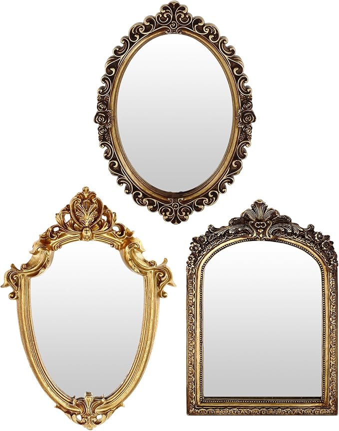 3 Styles Vintage Gold Mirror Set Wall Decorative, Vintage Wall Mirror Antique Hanging and Tabletop with Stand for Living Room Bedroom Dresser, Classic Home Wedding Decor(Classic Style)
