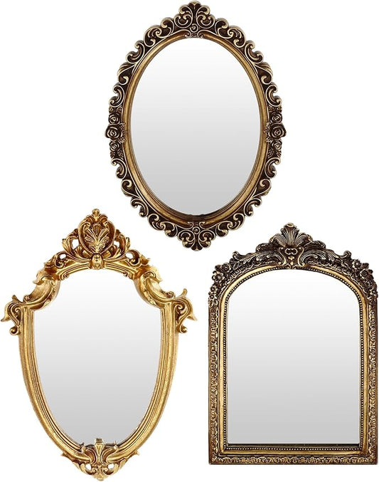 3 Styles Vintage Gold Mirror Set Wall Decorative, Vintage Wall Mirror Antique Hanging and Tabletop with Stand for Living Room Bedroom Dresser, Classic Home Wedding Decor(Classic Style)