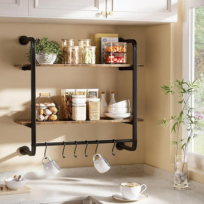 2 Tier Industrial Pipe Shelving, 24" Kitchen Shelves Wall Mounted with 6 Hooks, Coffee Bar Shelves Display Bookshelf Wall Shelf for Bedroom, Bathroom, Home Décor, Rustic Brown