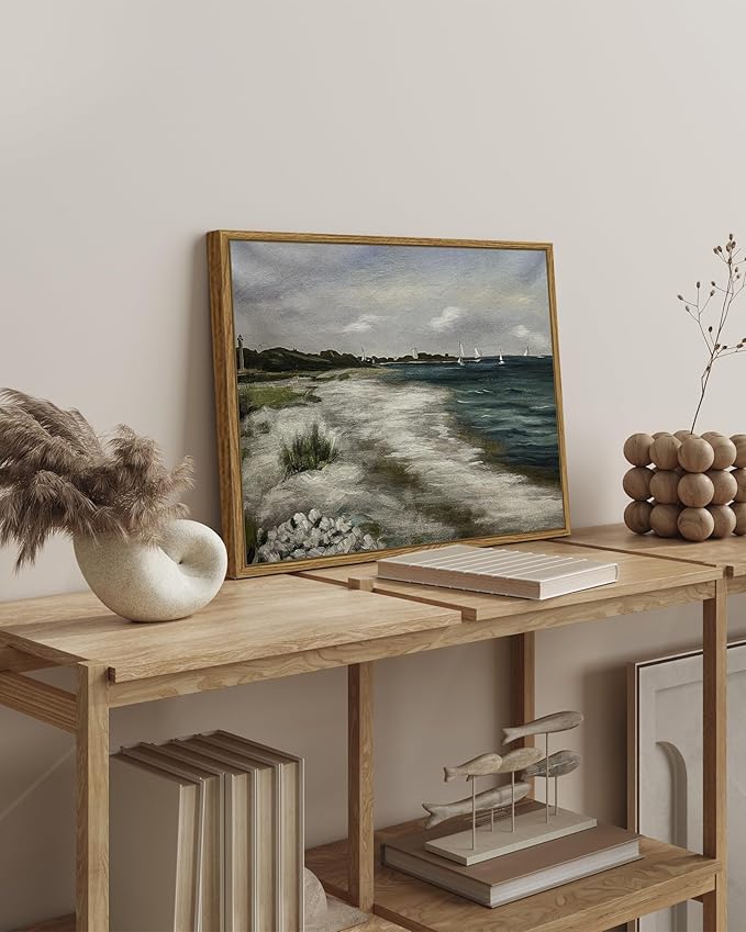 SHENIFY 16x24in Large Vintage Landscape Seascape Framed Canvas Wall Art Seaside Coastal Scenery Classic Hallway Bathroom Office Decor - Natural Framed