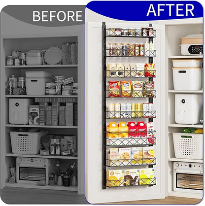 MIAOLI Over the Door Organizer, Black 8-Tier Pantry Door Organizer with Adjustable Basket, Hanging Spice Rack Cabinet Door Shelves, Laundry Room Organization and Storage