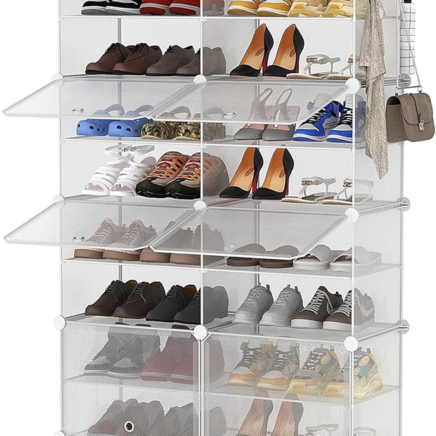 AWTATOS Shoe Rack, 8 Tier Shoe Storage Cabinet with Door, 32 Pair Shoe Organizer Shelves for Closet Hallway Bedroom Entryway, Transparent Twill
