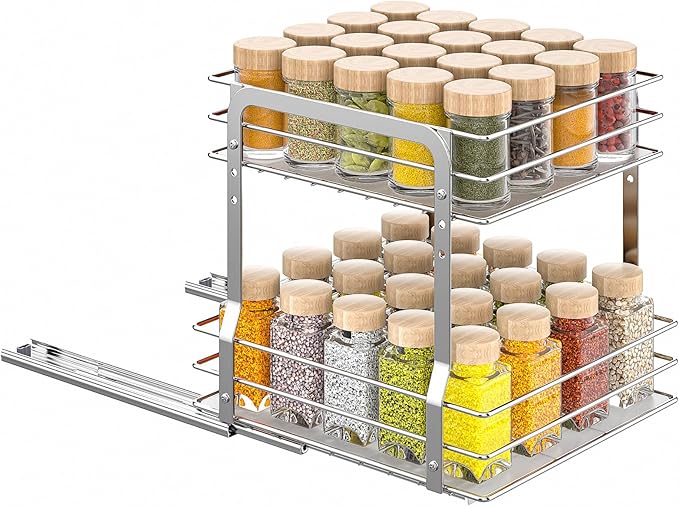 Pull Out Spice Rack Organizer for Inside Cabinet, 2 Tier Metal Spice Organization for Cabinet, Vertical Slide Out Seasoning Organizer, 9.65