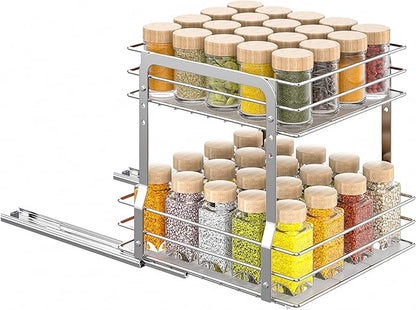 Pull Out Spice Rack Organizer for Inside Cabinet, 2 Tier Metal Spice Organization for Cabinet, Vertical Slide Out Seasoning Organizer, 9.65"W x 10.7"D x 10.24" H (Not for Cabinet with Lip)