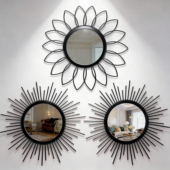 Set of 3 Black Metal Sunburst Wall Mirrors - 12