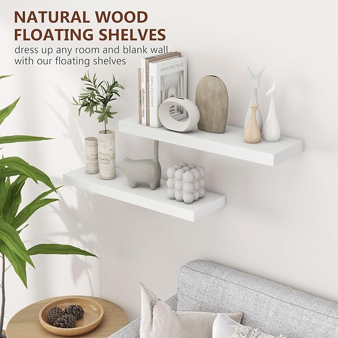 fuqing White Floating Shelves for Wall - 24 Inch Wide x 6.7 Inch Deep Solid Wood Shelves Set of 2 - White Wood Ledge Shelf for Bedroom Bathroom Living Room Kitchen