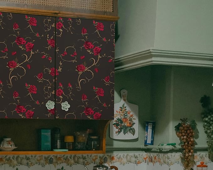 FLFK Peel and Stick Gothic Wallpaper Red Rose Floral Wallpaper 16in x 128in Waterproof Removable Wall Paper for Bedroom Bathroom Cabinet Decor