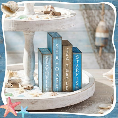 4 Pcs Summer Table Decoration Wooden Book Coastal Beach Decoration Blue and White Summer Tiered Tray Decor Wood Book Sign Farmhouse for Ocean Party Home Shelf Coffee Table
