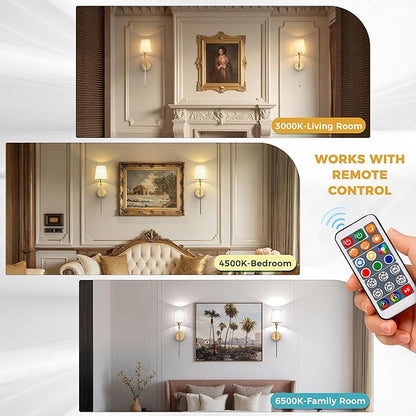 DORESshop Battery Operated Wall Sconce Set of 2, Wall Light Wireless Easy to Install, Dimmable and Adjustable Sconce Wall Decor, Rechargeable Wall Lamp for Bedroom, Living Room, Gold and Glass 24.6in
