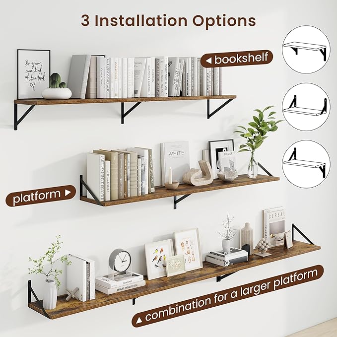 Axeman Deep Floating Shelves | 55 Inch Brown Wall Shelves Set of 2 | 10 Inch Deep Wood Floating Shelves for Wall | 55