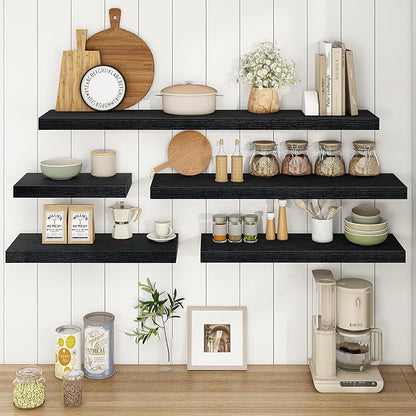 Fun Memories 32Inch Floating Shelves, 9.3Inch Deep Rustic Wall Shelves - Extra Deeper & Thicker Wall Mounted Storage Shelf for Kitchen, Farmhouse - Set of 2 - Rustic Black