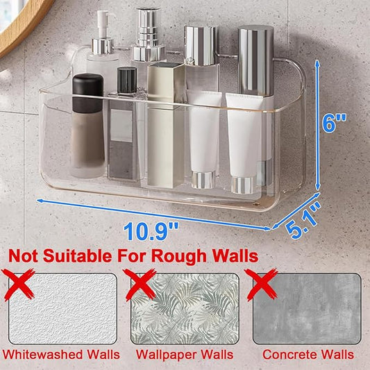 Diesisa Acrylic Wall Mount Organizer - 5.1" D x 10.9" W x 6" H, Large Size Adhesive Wall Self - Shower Caddies Organizer - Bathroom Shelves with Self Adhesive Tape for Bathroom, Kitchen - Large Size