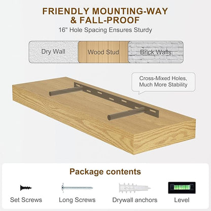 Fun Memories 72Inch Floating Shelves,Wall Mounted Rustic Wood Floating Shelf with Invisible Brackets for Storage & Decor,2 Pack Shelves for Bathroom,Bedroom and Kitchen,Oak