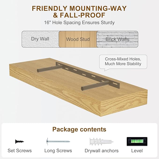Fun Memories Floating Shelves for Wall, 24Inch Floating Shelves Set of 2, Hanging Shelf with Invisible Brackets, Wood Shelves for Living Room, Bedroom, Kitchen, Oak