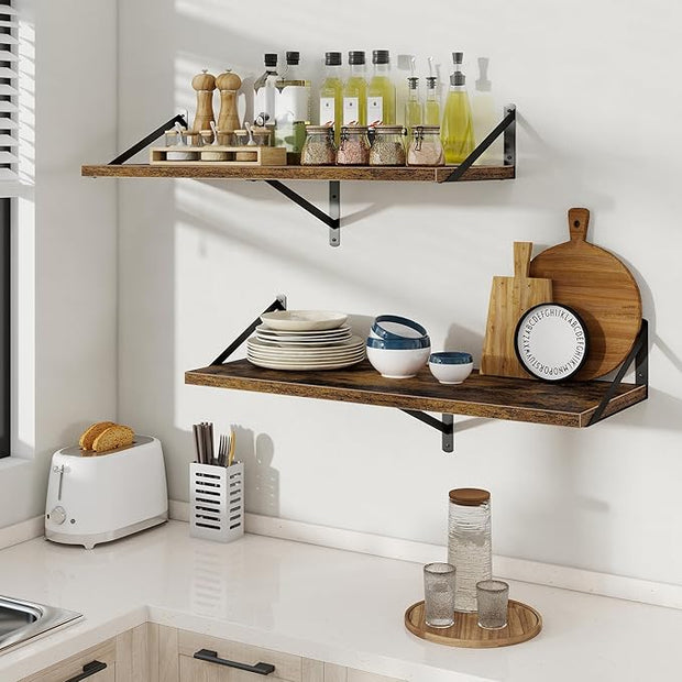 Floating Shelves, 12 Inch Deep Rustic Wood Wall Storage, 36W x 12D Wall Shelves Set of 2, Heavy Duty Metal Brackets, Large Industrial Book Shelf for Living Room, Kitchen, Bedroom, Brown