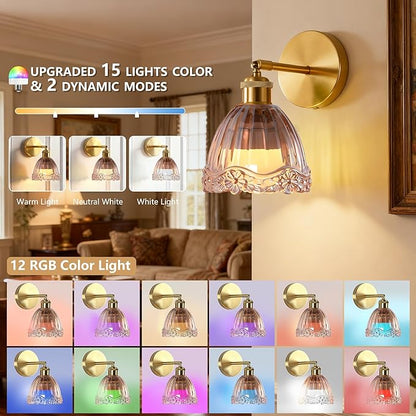 Vintage Battery Operated Wall Sconce with Amber Flower Crown Glass Lampshade Rechargeable Battery Powered Wall Light with Remote Control for Bedside Bedroom Bathroom, Set of 1