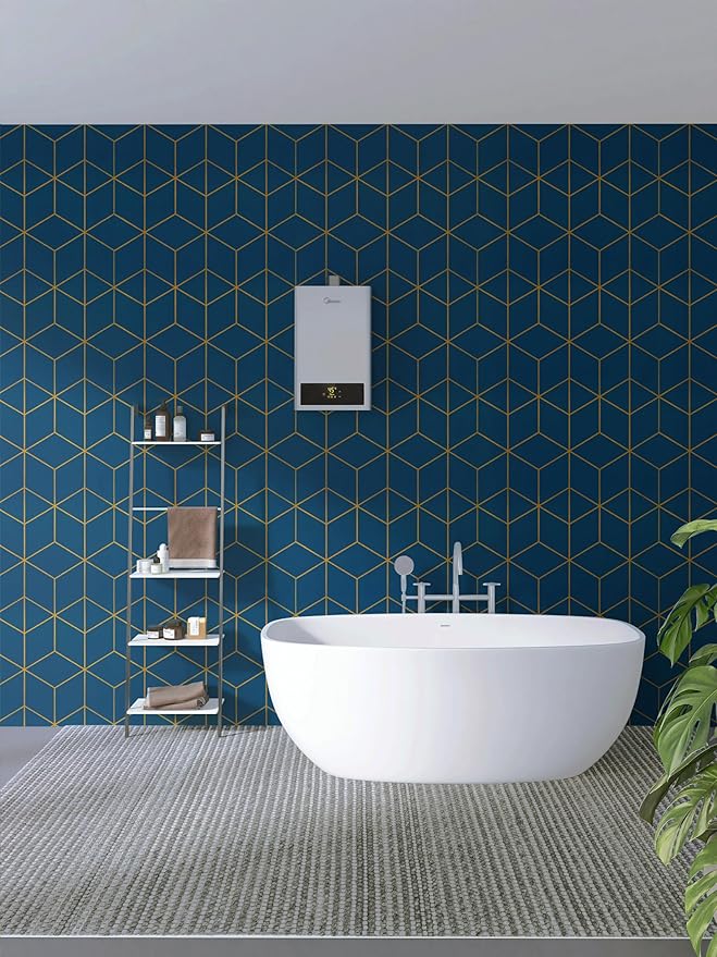 Safiyya Blue and Gold Geometric Wallpaper Peel and Stick Contact Paper Self Adhesive Removable Wallpaper Waterproof Contact Paper for Walls Vinyl Roll 118