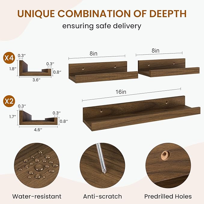 Axeman Picture Ledge Shelf, Floating Shelves for Wall Decor Storage Set of 6, 16 inch Floating Wall Mounted Shelves, Shelves with Lip for Living Room, Bedroom, Nursery, Bathroom, Kitchen, Walnut
