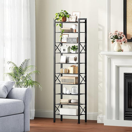 10-Tier Narrow Shoe Rack, Tall Shoe Rack for 10-20 Pairs, Slim Shoe Storage Organizer with Wooden Top, Space Saving, Metal Frame, for Entryway, Charcoal and Black SS68BC