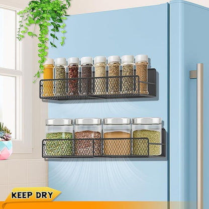 Magnetic Spice Rack for Refrigerator, 2 Pack Magnetic Shelf for Fridge with 4 Hooks, Black Magnetic Shelves, Organization and Storage Kitchen, Magnet Shelf for Fridge, Cabinet Organization